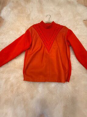 Prada Orange Knit Leather Panel Sweater Cable V-Neck IT 38